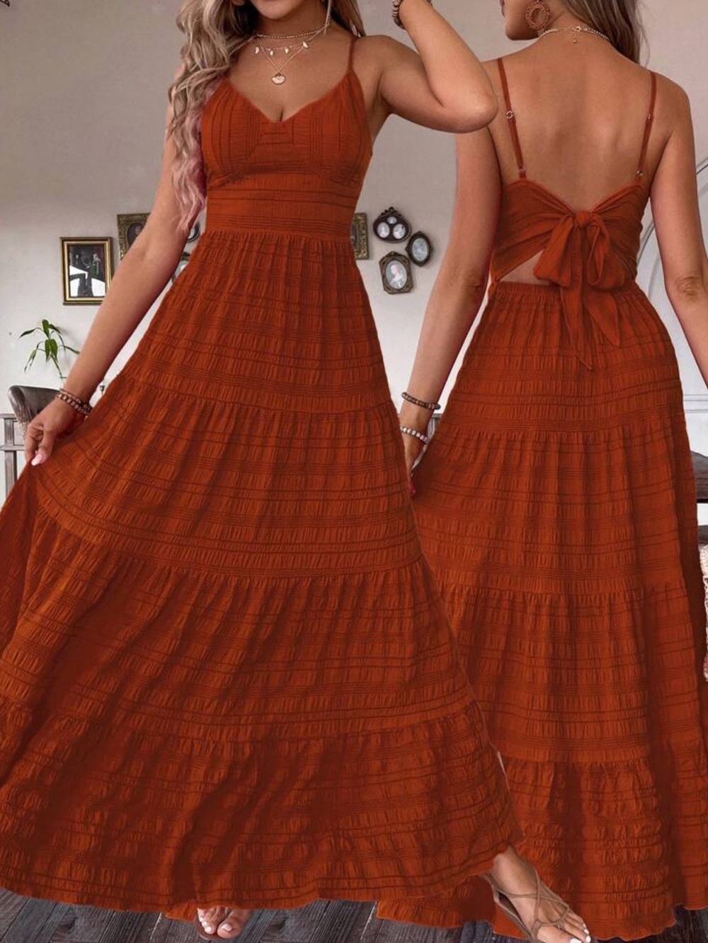 Boho rust brown textured cutout tie back spaghetti straps maxi dress